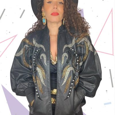 80s Leather Batwing Jacket with Intricate Beading