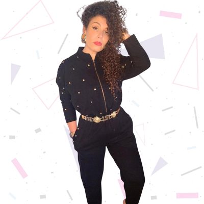 80s Black Casual Fit Jumpsuit with Gold Studs