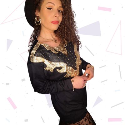 Black Jersey Top with Leather Patchwork and Gold Studs