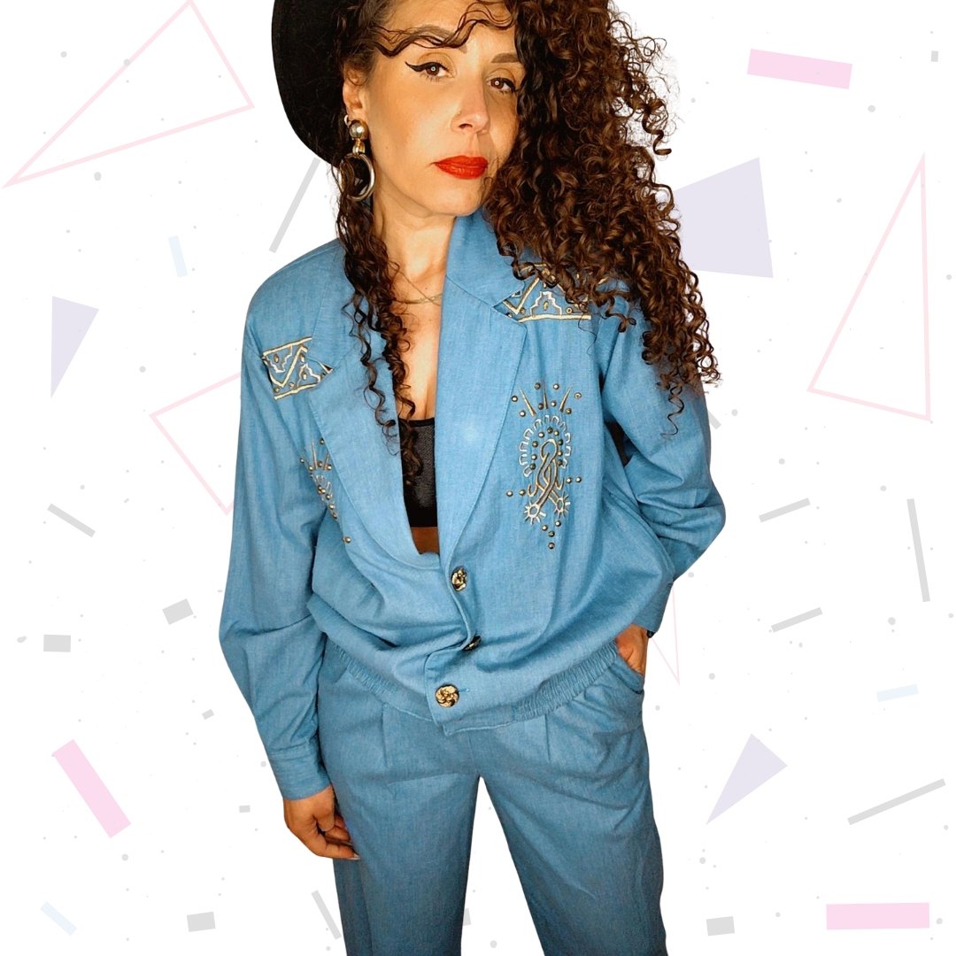 80s Denim Trouser Suit with Embroidery - Image 2