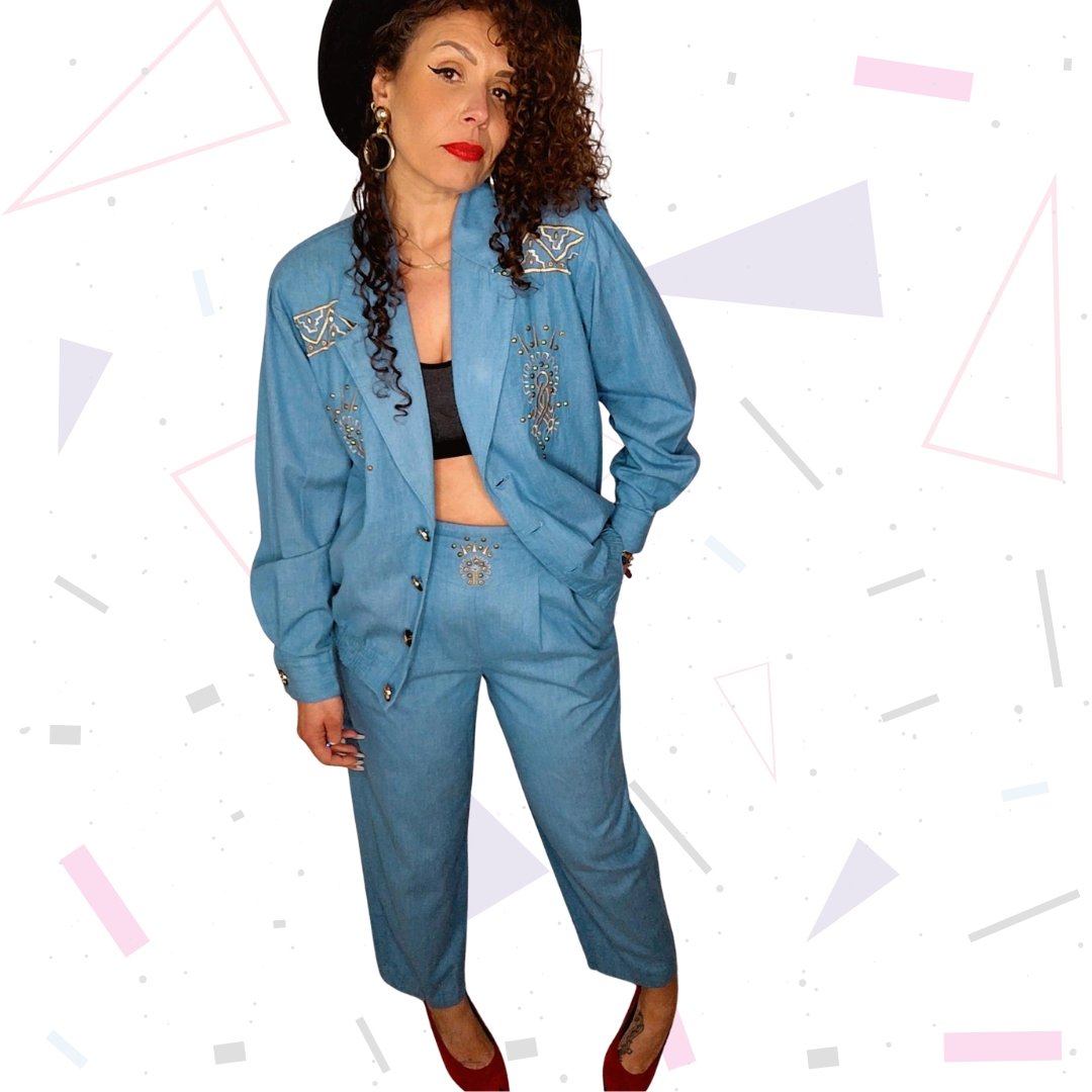80s Denim Trouser Suit with Embroidery - Image 3