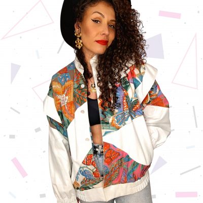 Judith Ann Creations White Leather Bomber with Floral Inserts