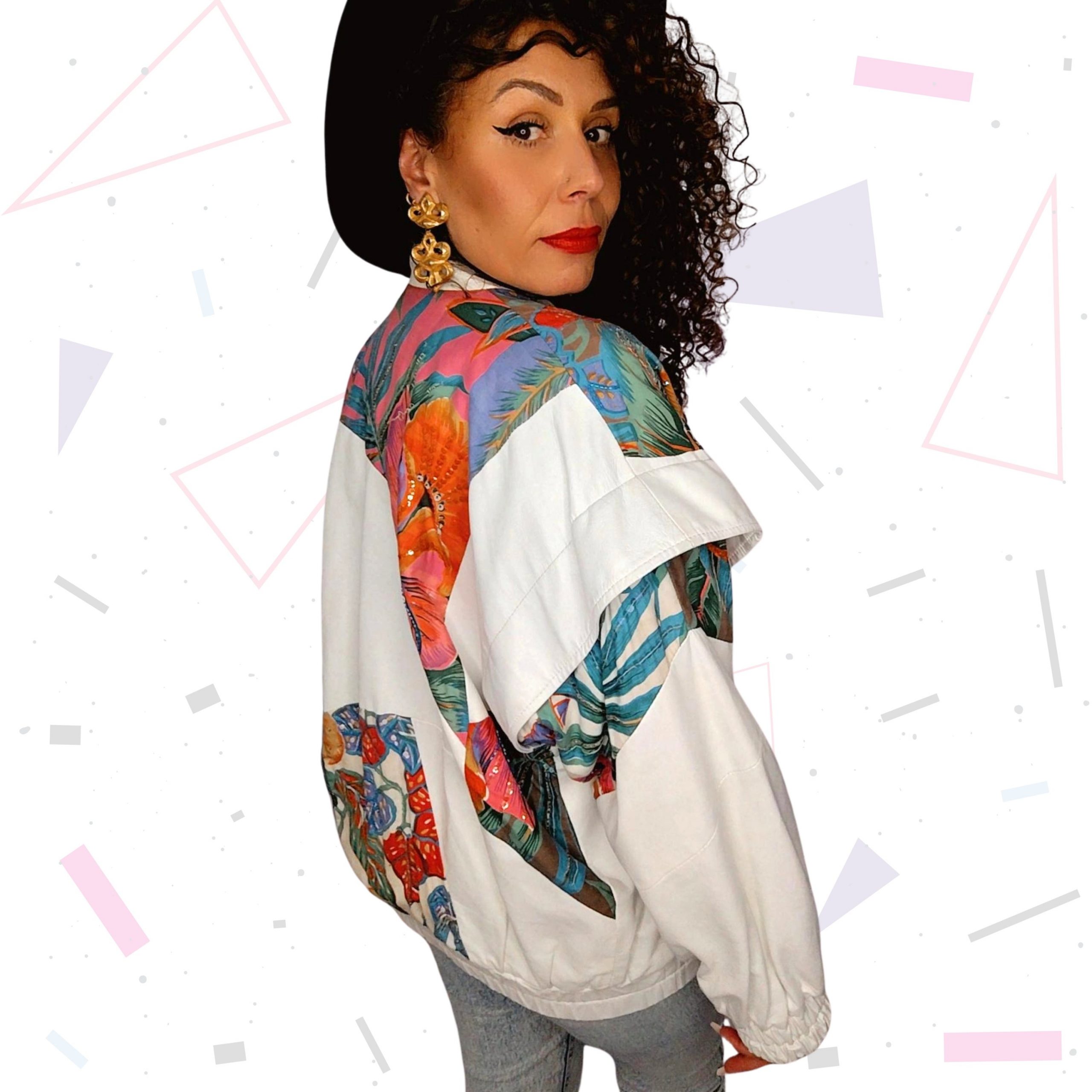 Judith Ann Creations White Leather Bomber with Floral Inserts - Image 6