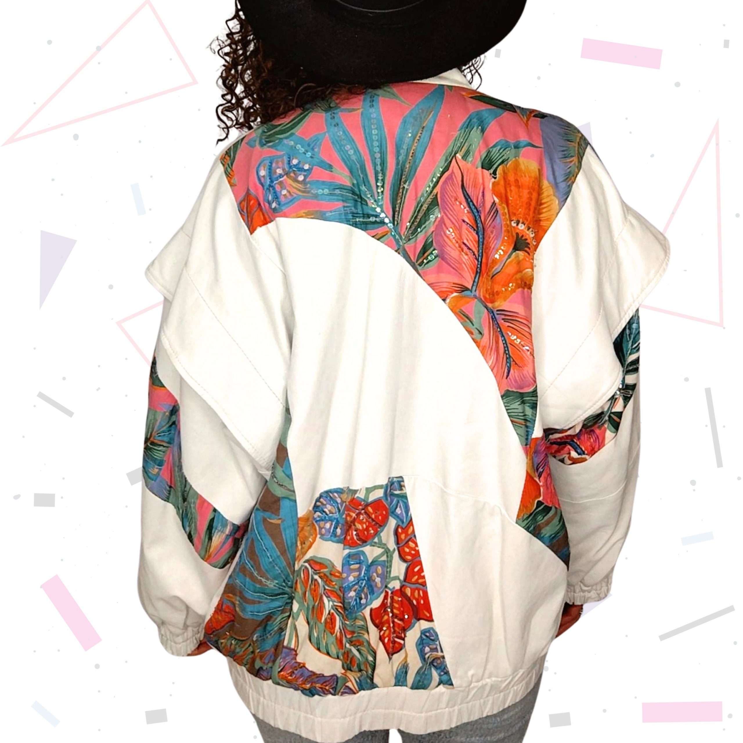 Judith Ann Creations White Leather Bomber with Floral Inserts - Image 3
