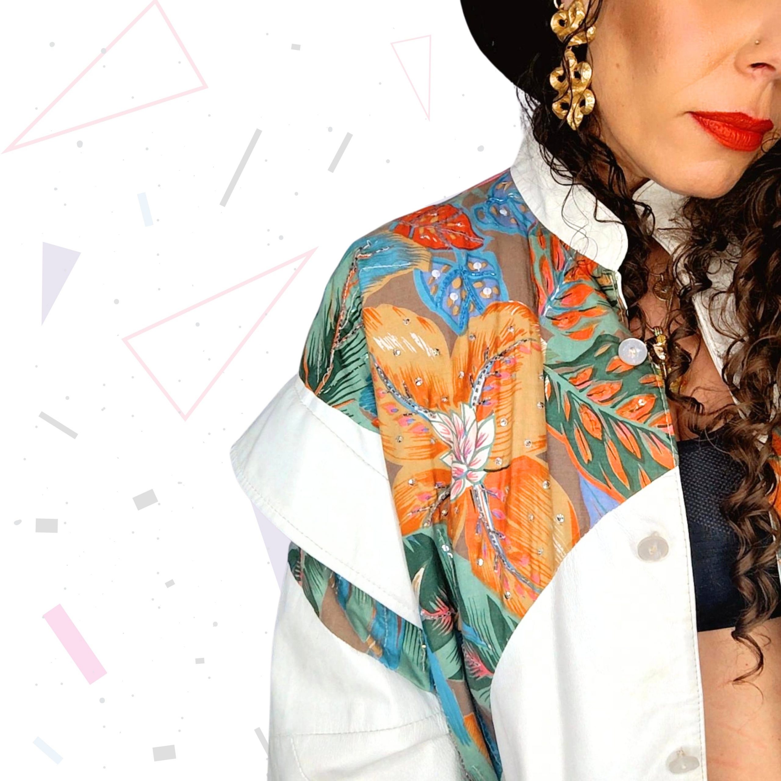Judith Ann Creations White Leather Bomber with Floral Inserts - Image 4