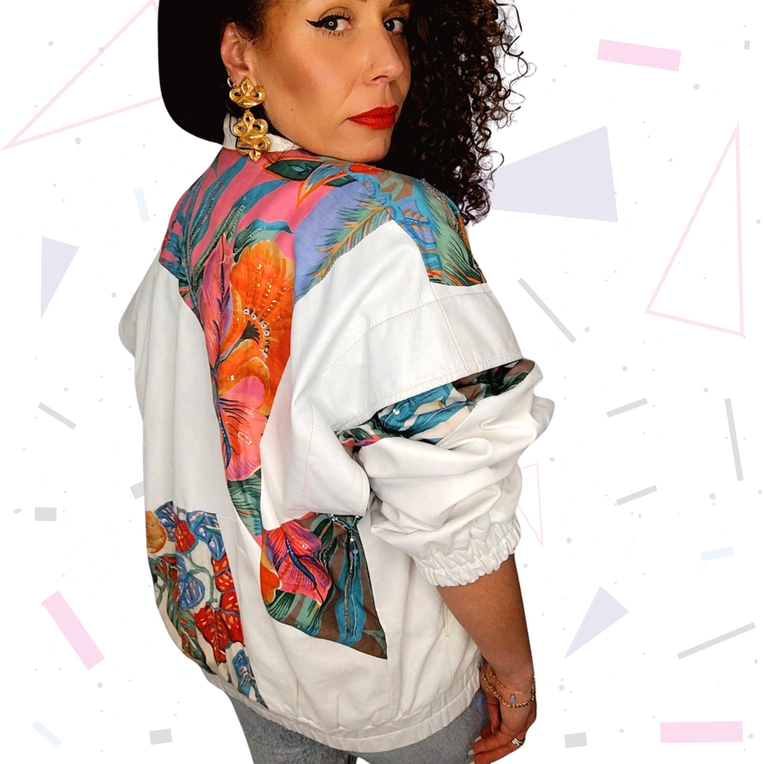 Judith Ann Creations White Leather Bomber with Floral Inserts - Image 2