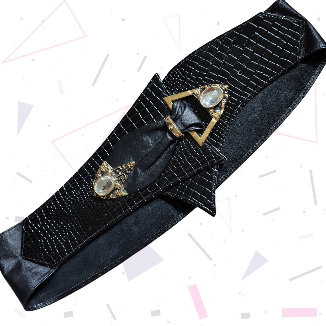 Croc Effect Leather Belt With Chunky Metalware and Embellishments