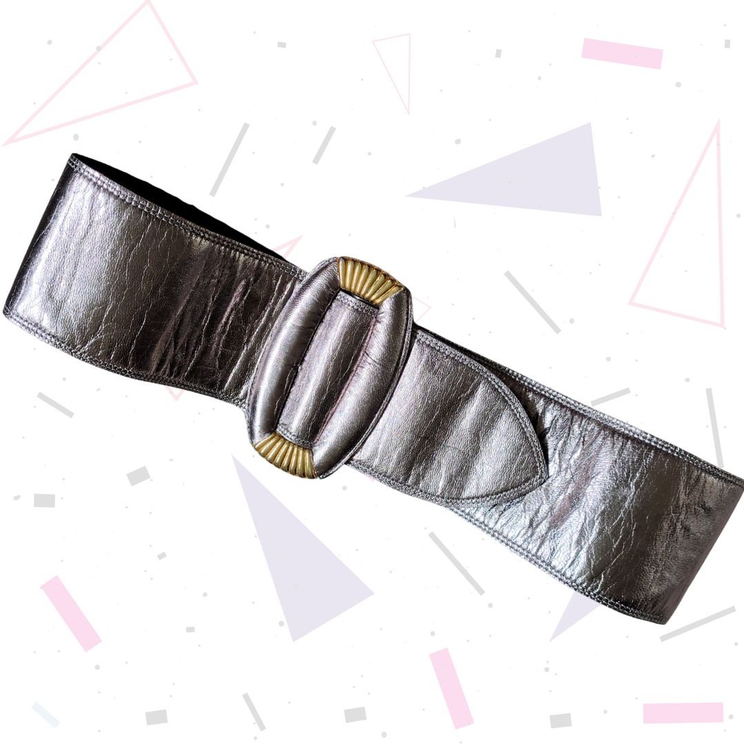 Metallic Pewter Wide Buckle Leather Belt