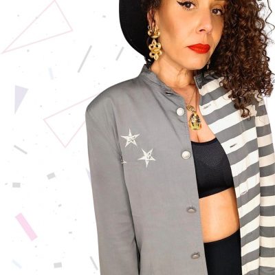 80s Grey & White Longline Blazer with Embroidery