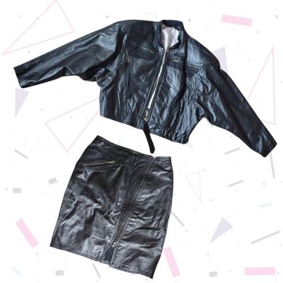 Vintage 1980s Black Leather Skirt Suit