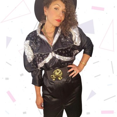 80s Vintage Wet Look Black and Silver Dress