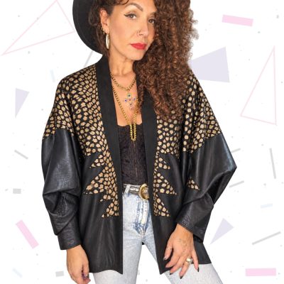 80s Vintage Black and Gold Lightweight Leather Batwing Jacket