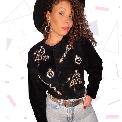 Vintage 90s Black Suede Embellished Box Jacket